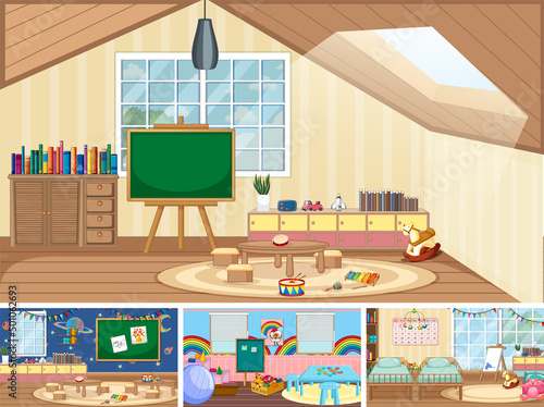 Set of different kindergarten classroom scenes