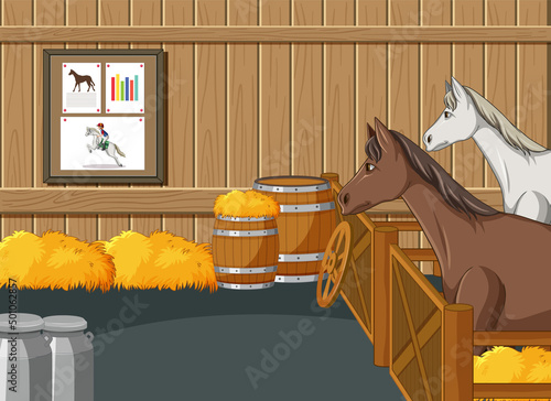 Stable scene with horses and hay