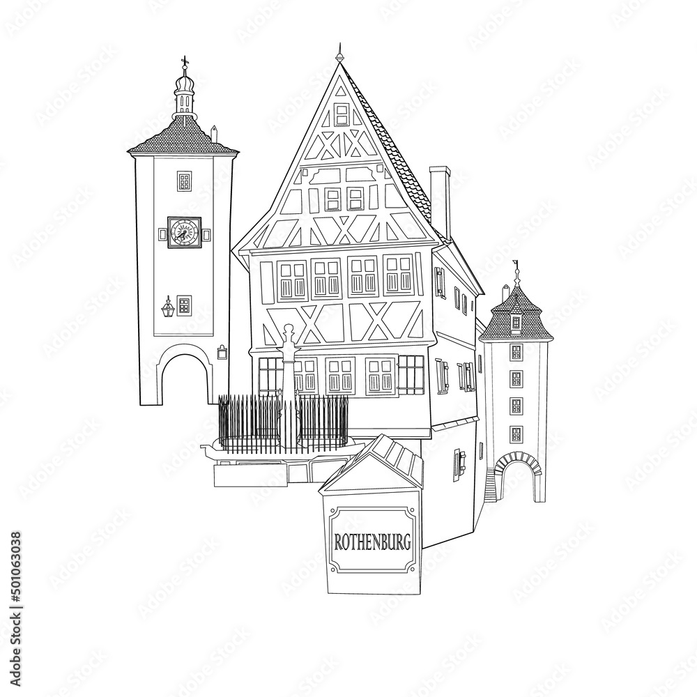 Vector illustration of Medieval old street with traditional German houses in Rothenburg ob der Tauber, Germany 