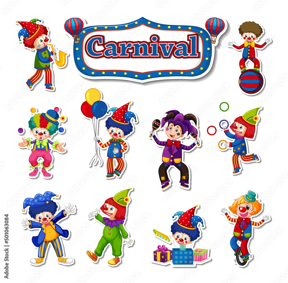 Fototapeta premium Sticker set of amusement park objects and cartoon characters