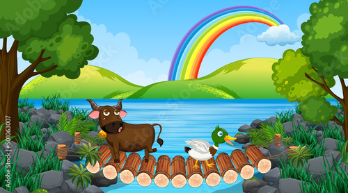 Scene with cow and duck on the bridge