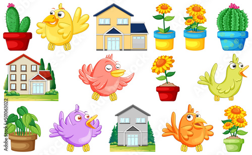Houses design and colorful birds