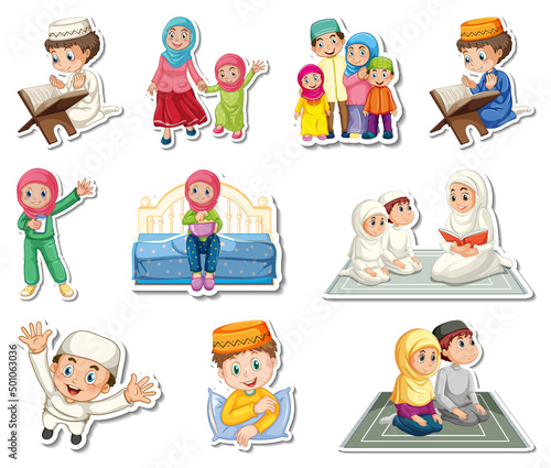 Sticker set of Islamic religious symbols and cartoon characters
