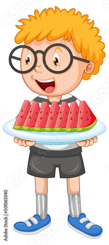 Little boy with tray of watermelon