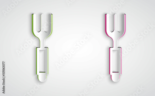 Paper cut Fork icon isolated on grey background. Cutlery symbol. Paper art style. Vector