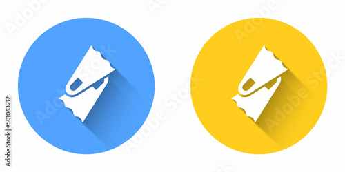 White Rubber flippers for swimming icon isolated with long shadow background. Diving equipment. Extreme sport. Diving underwater equipment. Circle button. Vector