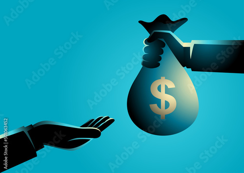 Hand giving money bag to another hand