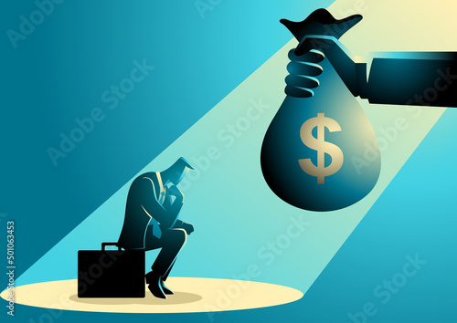 Businessman sitting on suitcase sadly and hand offers him a bag of money