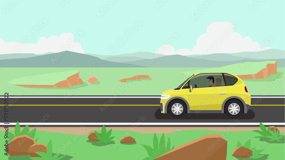 Vehicles car yellow color passing on highway are made of asphalt. cut through the open meadows. With mountains and sky for background. Flat style vector illustration. Flat style vector illustration. Vehicles car yellow color passing on highway are made of asphalt. cut through the open meadows. With mountains and sky for background. Flat style vector illustration. Flat style vector illustration.