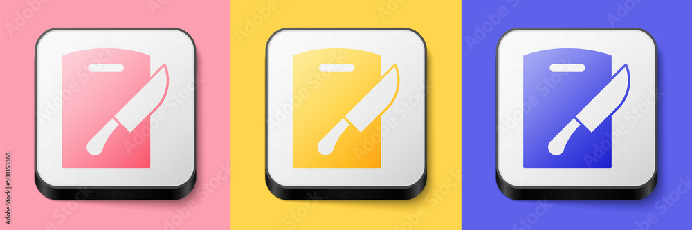Isometric Cutting board and knife icon isolated on pink, yellow and blue background. Chopping Board symbol. Cutlery symbol. Square button. Vector Isometric Cutting board and knife icon isolated on pink, yellow and blue background. Chopping Board symbol. Cutlery symbol. Square button. Vector