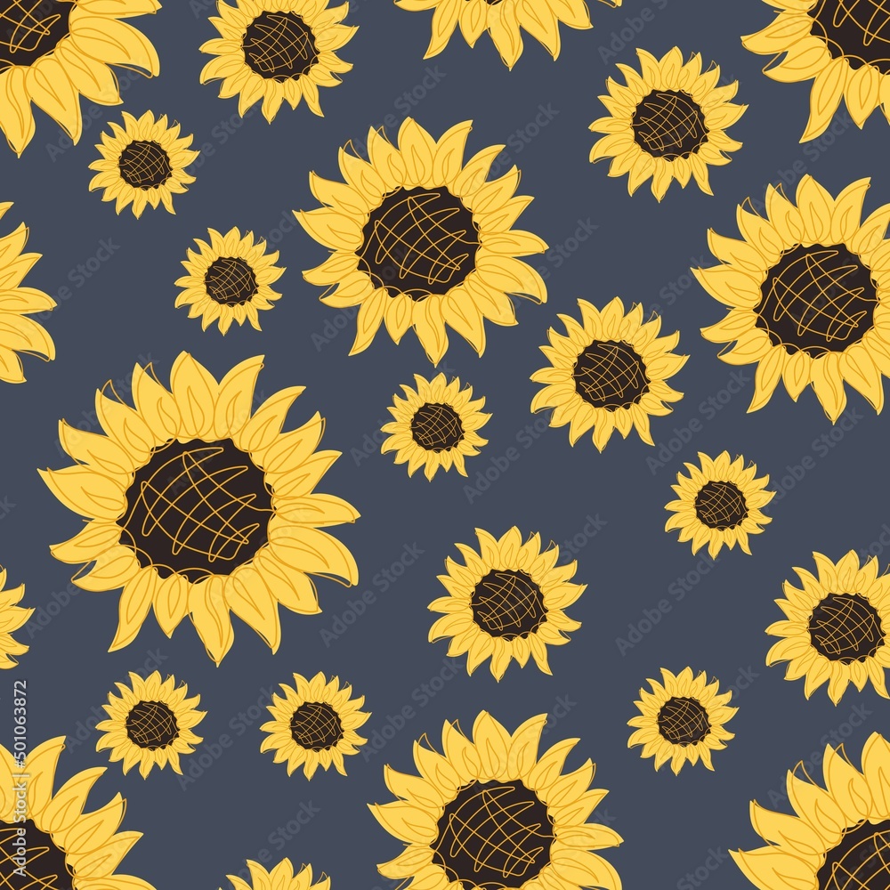 Seamless pattern with yellow sunflowers on blue background. Floral design. Suitable for textile, fabric, wallpaper, wrapping. Vector illustration. Seamless pattern with yellow sunflowers on blue background. Floral design. Suitable for textile, fabric, wallpaper, wrapping. Vector illustration.