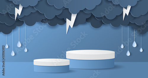 Paper cut of cylinder podium on dark blue background for products display presentation with clouds, raindrops and lightning, copy space. Vector illustration