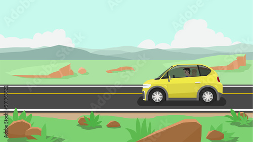Fototapeta Naklejka Na Ścianę i Meble -  Vehicles car yellow color passing on highway are made of asphalt. cut through the open meadows. With mountains and sky for background. Flat style vector illustration. Flat style vector illustration.