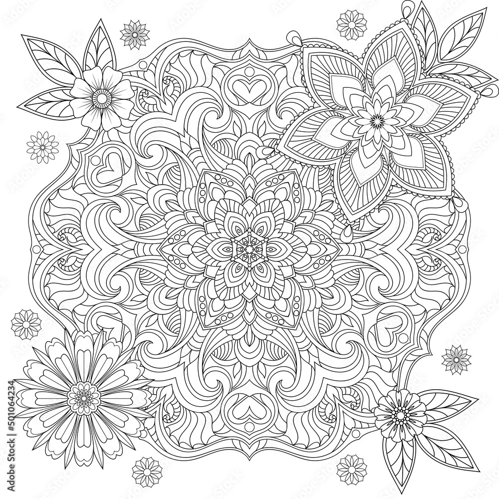 Obraz premium Vector drawing for coloring book. Geometric floral pattern. Contour drawing on a white background