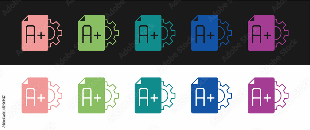Set Exam sheet with A plus grade icon isolated on black and white background. Test paper, exam, or survey concept. School test or exam. Vector Set Exam sheet with A plus grade icon isolated on black and white background. Test paper, exam, or survey concept. School test or exam. Vector
