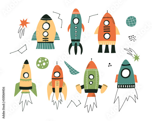 Set of cartoon rockets with abstract shapes in hand drawn style. Perfect for t-shirt, apparel, cards, poster, nursery decoration. Isolated on beige background vector illustration