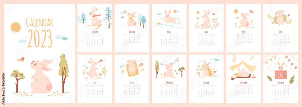 Calendar 2023 with cute rabbit. Set of 12 vector minimal illustrations with mascot of the year in different season activities. Cartoon baby animal, bunny in pink pastel colors, kids monthly print Calendar 2023 with cute rabbit. Set of 12 vector minimal illustrations with mascot of the year in different season activities. Cartoon baby animal, bunny in pink pastel colors, kids monthly print
