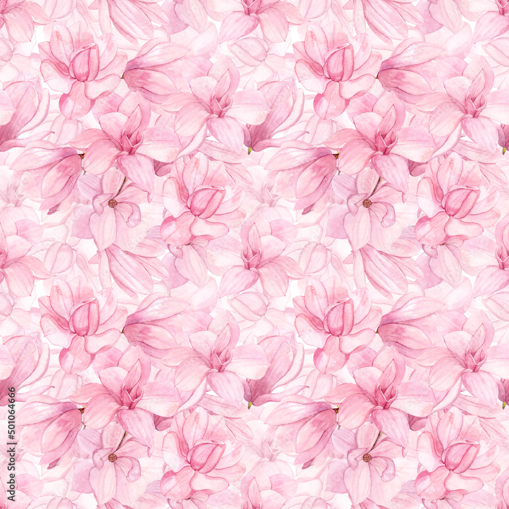 Pink Magnolia painted in watercolor. Seamless pattern. Spring flowers.