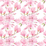 Pink Magnolia. Seamless pattern. Spring flowers painted in watercolor.