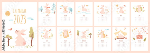Fototapeta Naklejka Na Ścianę i Meble -  Calendar 2023 with cute rabbit. Set of 12 vector minimal illustrations with mascot of the year in different season activities. Cartoon baby animal, bunny in pink pastel colors, kids monthly print