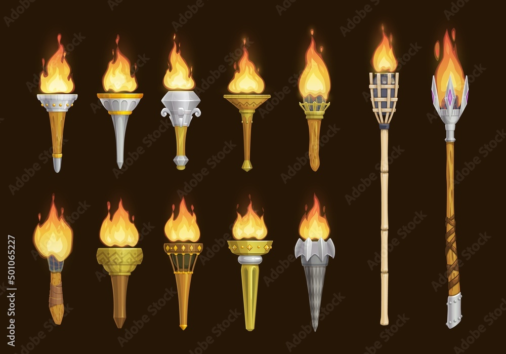 Cartoon medieval torches, vector game assets of ancient torch lanterns with burning fire. Fire torch light in stone and wooden pipe stick, tribal or victory cup torch lantern or torchlight Cartoon medieval torches, vector game assets of ancient torch lanterns with burning fire. Fire torch light in stone and wooden pipe stick, tribal or victory cup torch lantern or torchlight