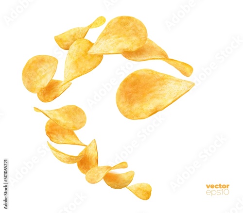 Wave splash of wavy potato chips, isolated flying snacks. 3d vector crispy falling fastfood pieces swirl, realistic crunchy snack in motion. Delicious fast food advertising, crisp meal promo