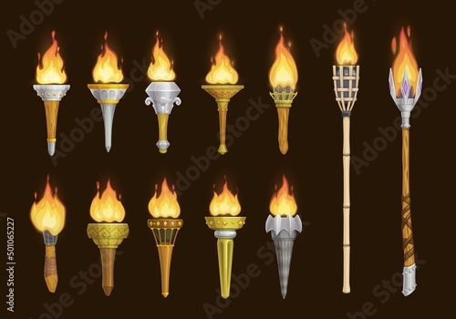 Cartoon medieval torches, vector game assets of ancient torch lanterns with burning fire. Fire torch light in stone and wooden pipe stick, tribal or victory cup torch lantern or torchlight