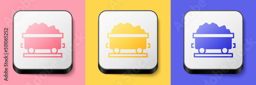 Isometric Coal train wagon icon isolated on pink, yellow and blue background. Rail transportation. Square button. Vector