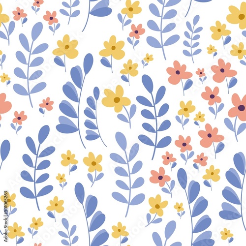 Colorful vector Seamless pattern with fairy flowers and leaves on white background. Creative texture for fabric, wrapping, textile and wallpaper.