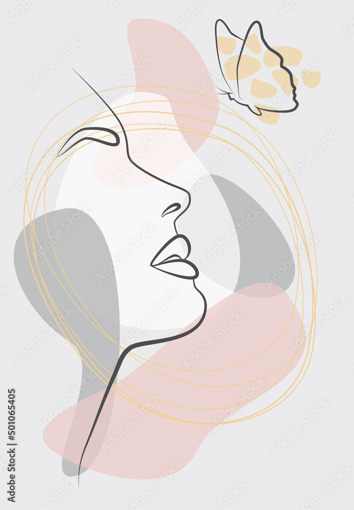 A woman's face with a butterfly composition. Hand-drawn vector linear illustration. Drawing in the style of a single line. Portrait