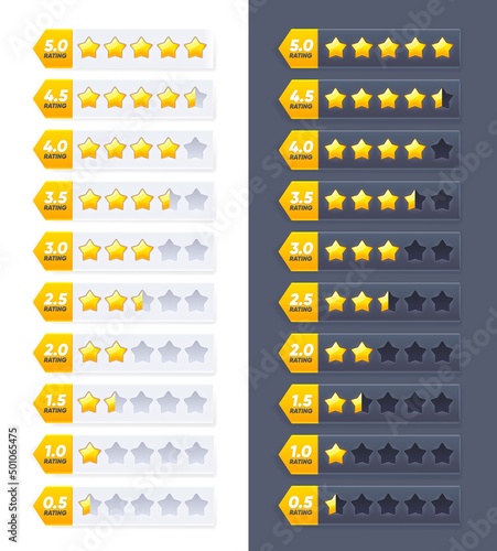 Five golden star review rate of customer feedback. Evaluation rating scale vector buttons with 5 stars and half ranking statuses on white and black background, product and service quality rating