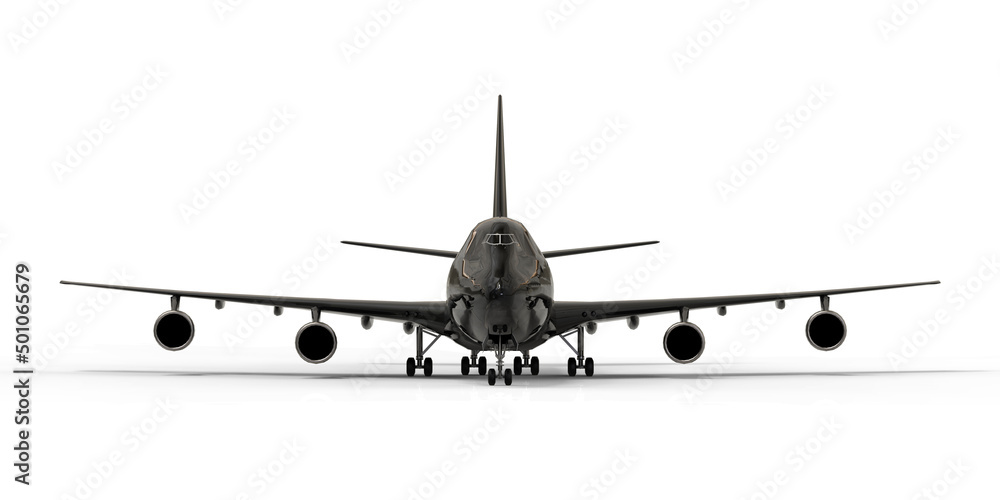 Large passenger aircraft of large capacity for long transatlantic flights. Black airplane on white isolated background. 3d illustration. Large passenger aircraft of large capacity for long transatlantic flights. Black airplane on white isolated background. 3d illustration.