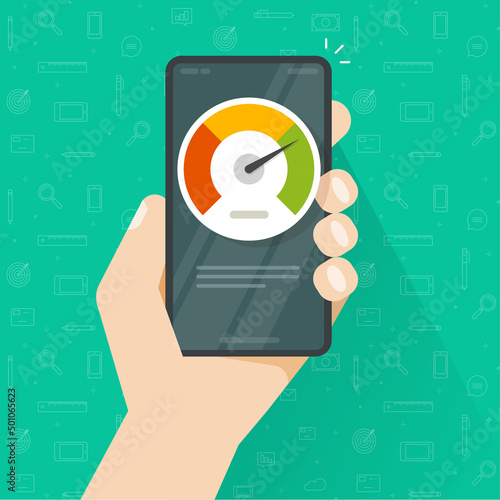 Speed optimize of load website page on cell phone vector or mobile cellphone display with performance broadband test internet connection with fast traffic meter flat cartoon illustration image