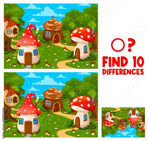 Find differences between wizard and gnome cartoon houses, kids game worksheet. Cartoon vector educational children riddle with fly agaric, amanita mushroom, hut on tree. Search ten distinctions puzzle