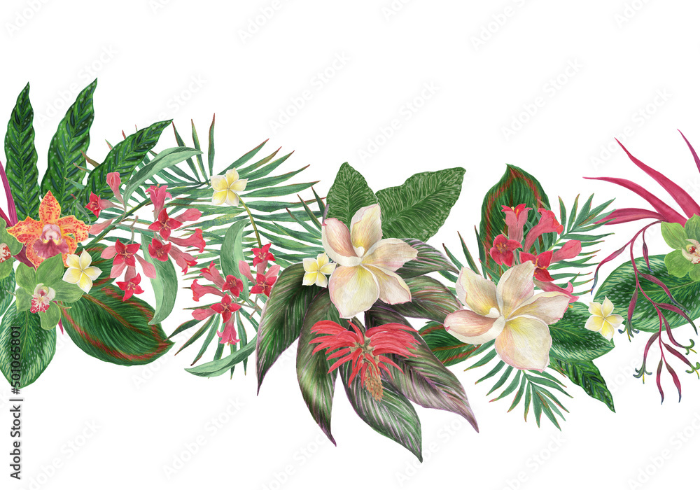 Watercolor painting seamless border with tropical flowers and leaves