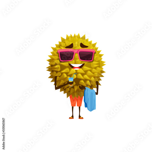Cartoon cheerful durian fruit character after bathing. Funny tropical fruit, isolated vector durian personage on vacation, wearing sunglasses and short, holding towel and glass with cocktail or juice