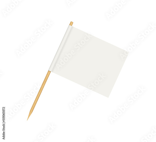 Toothpick flag. Blank flag on wooden stick. Wood toothpick with white paper banner for food and cocktail decoration. Reactangle forms of pennant. Realistic 3d vector isolated on white background. photo