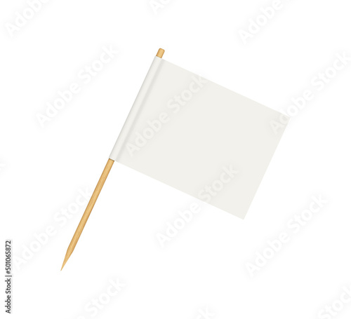 Toothpick flag. Blank flag on wooden stick. Wood toothpick with white paper banner for food and cocktail decoration. Reactangle forms of pennant. Realistic 3d vector isolated on white background.