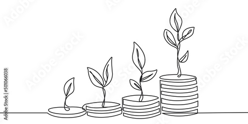Coins with Sprouts Continuous One Line Drawing Business Concept. Welfare Growth Contour Illustration for Business Concept. Modern Minimalist One Line Drawing. Vector EPS 10