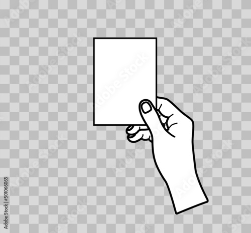 Business card in hand. Hand hold card isolated on transparent background. Outline paper blank card. White arm holding plastic credit card. Give and take. Icons for showing, presentation. Vector