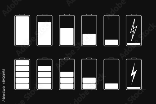 Battery charge icons isolated on black background. Full or low phone battery charge. Symbol of charger. Power of mobile lithium accumulator. Indicator of energy in smartphone. Vector