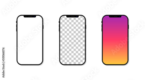 Smartphone mockup. Phone with blank screen isolated on white background. Frame and template of cellphone for social media. Realistic vertical desktop with shadow for ui and app. Vector