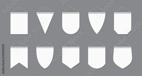 White pennant. White flag. Hanging pennant and flag mockup. Vertical fabric banner on wall. Set of canvas pennon with string. Blank templates for advertising, award and sale. Vector photo