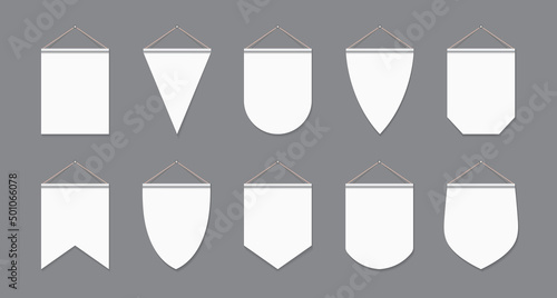 White pennant. White flag. Hanging pennant and flag mockup. Vertical fabric banner on wall. Set of canvas pennon with string. Blank templates for advertising, award and sale. Vector