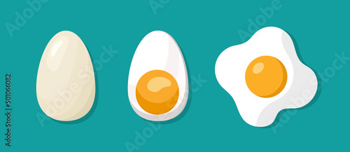 Boiled, fried and whole egg. Poached and fried scrambled egg isolated on green background. Cooking food with yolk and protein. Breakfast icon. Set of eggs. Vector