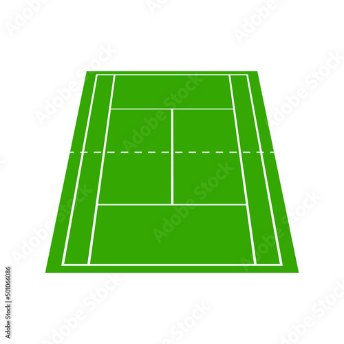 3D tennis court top view. 3D badminton field top view. Graphic square for tennis court. Icon of wimbledon competition. White lines on green background. For sport pitch, plan and stadium. Vector