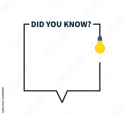 Question in frame box with bulb. Did you know question. Fun icon. Idea, tip, advice and for quiz. Outline frame with lightbulb for info, quick ask, education and banner. Vector