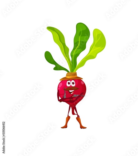 Cartoon beet sheriff character. Vector beetroot cowboy, ranger, wild west vegetable hero wear hat and guns in hands. Funny food western personage, healthy veggies, happy mustached character