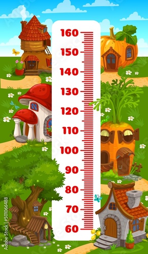 Kids height chart ruler cartoon gnome and elf houses. Vector growth meter with mushroom, tree, pumpkin and carrot cottages. Old boot and stone buildings on green meadow wall sticker, children scale