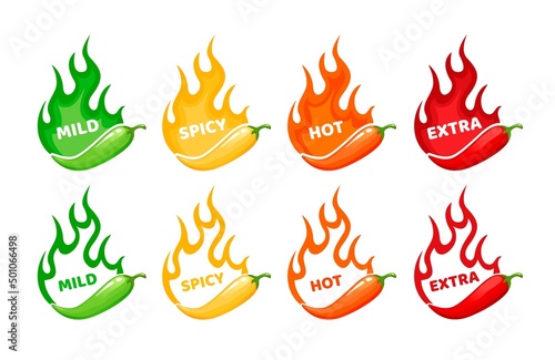 Hot spicy level labels, fire flames and red peppers symbols of mild, medium and extra hot, vector scale. Spicy food taste level icons with burning flame of chili pepper, jalapeno or Tabasco sauce